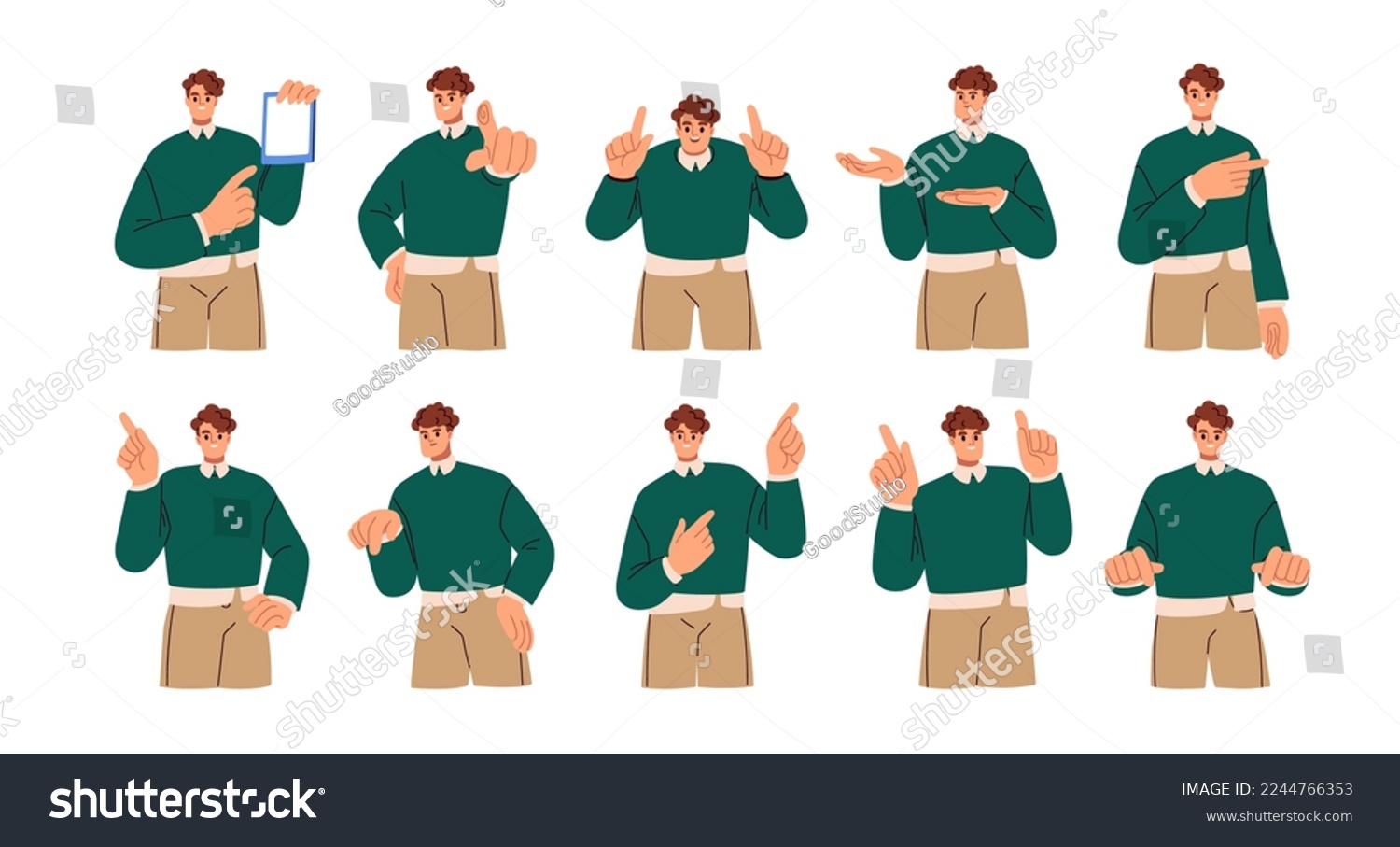 Business person pointing with index finger to sides. Businessman showing up, down with hand gestures. Happy man presenting with forefinger. Flat vector illustration isolated on white background #2244766353