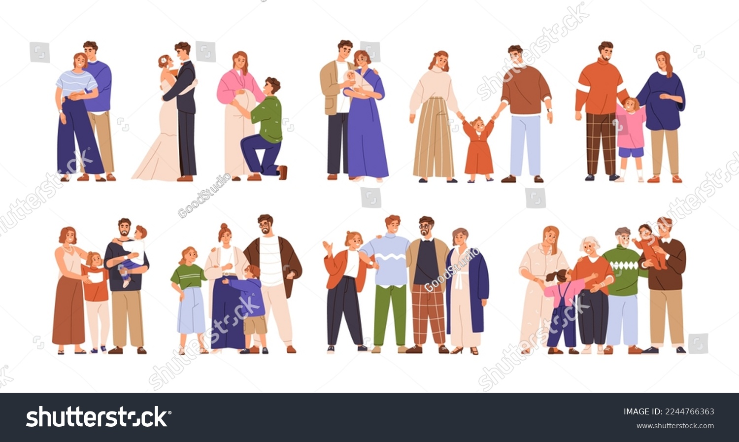 Growing family life stages concept. Love couple relationship development, marriage, pregnancy, becoming parents, mother and father for children. Flat vector illustrations isolated on white background #2244766363