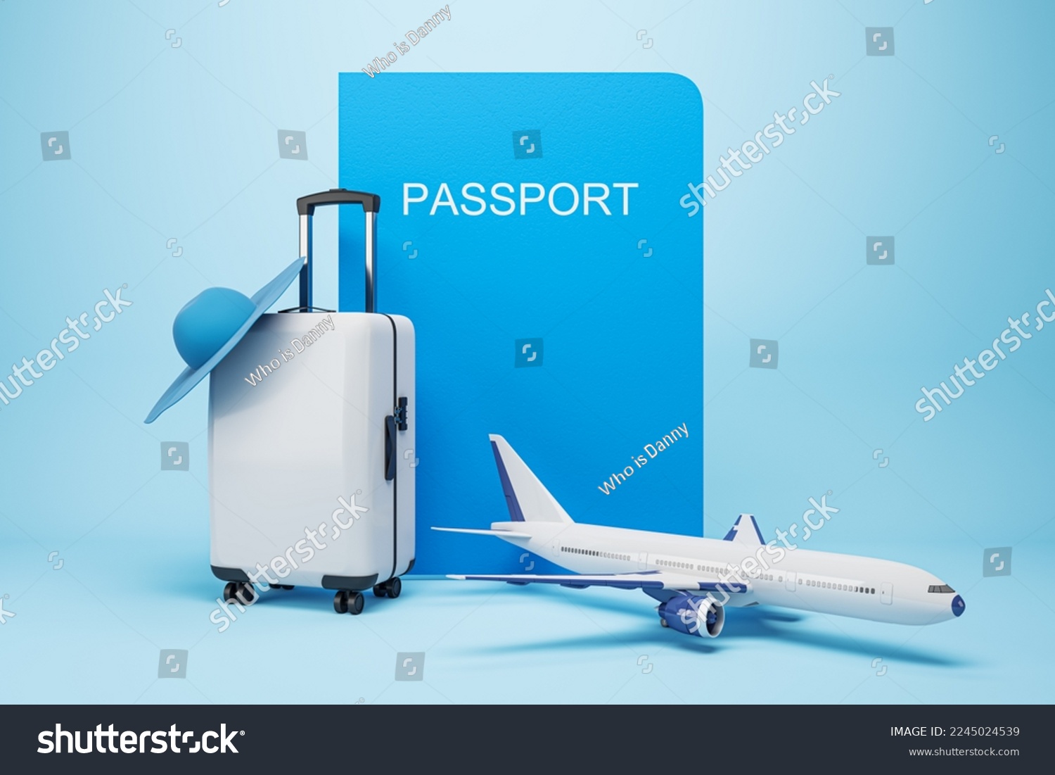 Vacation and travel concept with graphic blue passport cover, white suitcase and plane on light blue background. 3D rendering #2245024539