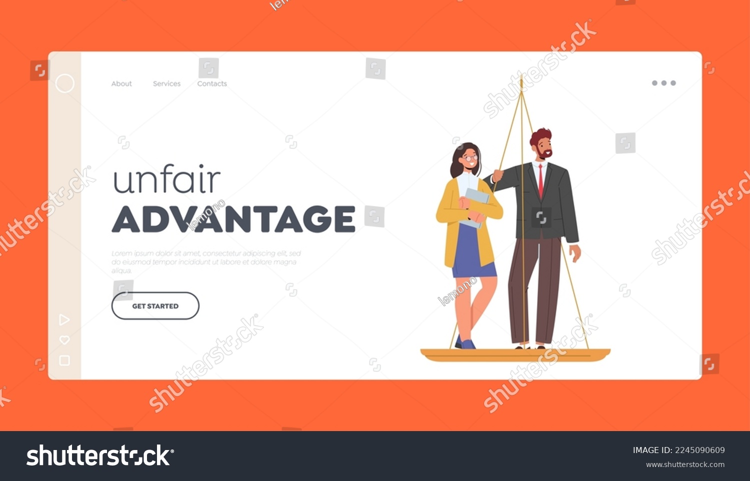 Unfair Advantages Landing Page Template. Inequality and Imbalance Concept. Male and Female Characters Stand on Scales, Business Man or Woman Unequal Salary. Cartoon People Vector Illustration #2245090609