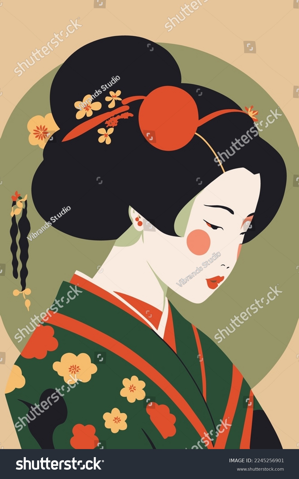 illustration of portrait japanese geisha in kimono, japan woman in traditional floral vector style wall art print decor #2245256901