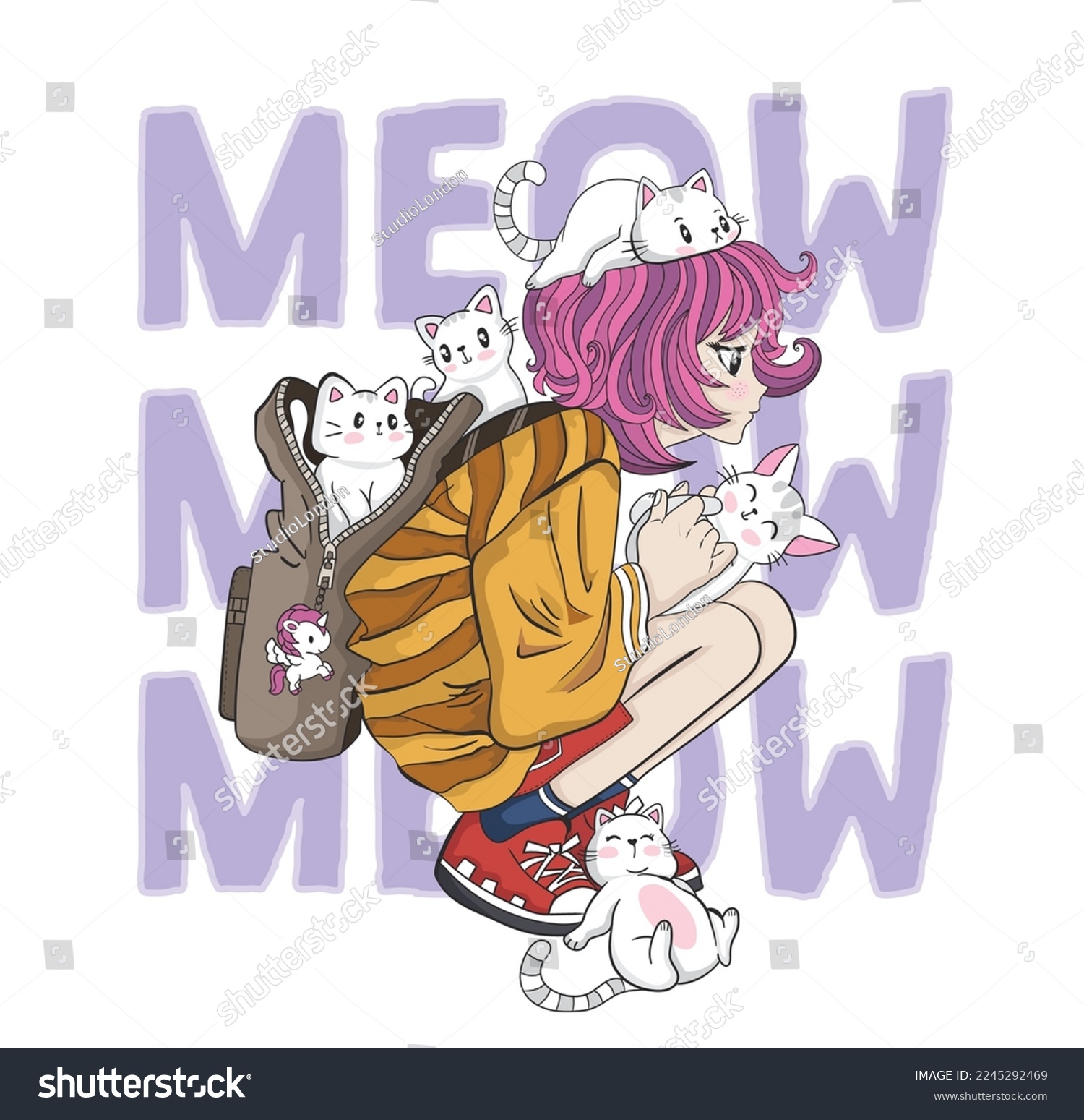 Anime Girl illustration with meow slogan.Vector graphic design for t-shirt.Manga girl character who loves little cute cats.Greeting card, poster,print, party concept,children, books,prints,wallpapers. #2245292469
