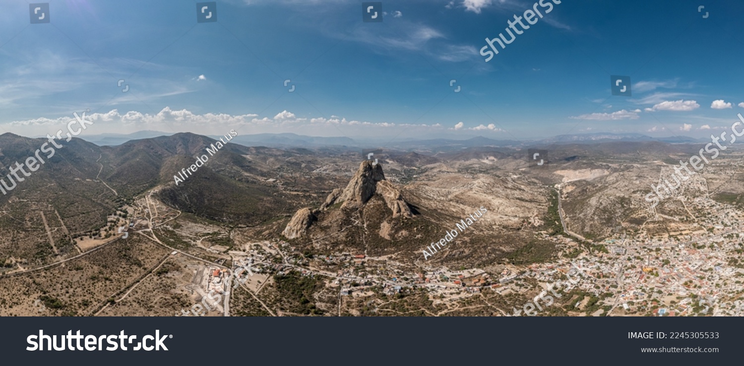 Panoramic view of Peña de Bernal, at the foot of the mountain the magical town of Bernal in Queretaro, Mexico #2245305533