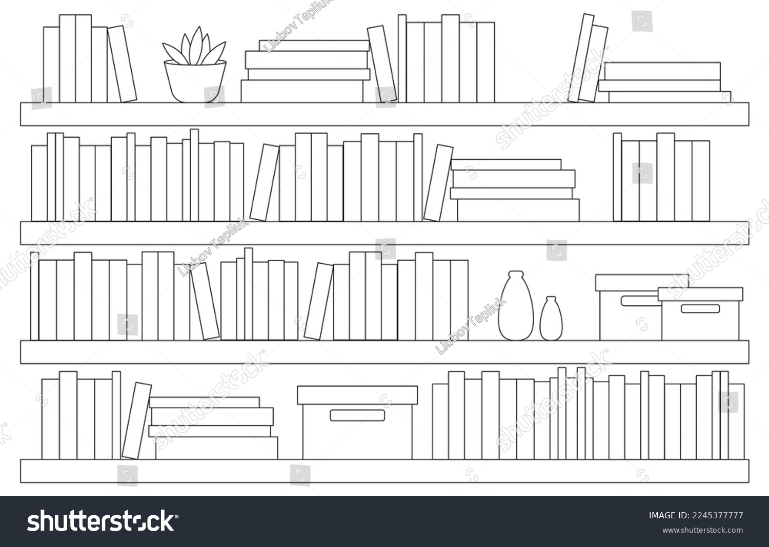 Coloring page of bookshelves with books, boxes - Royalty Free Stock ...