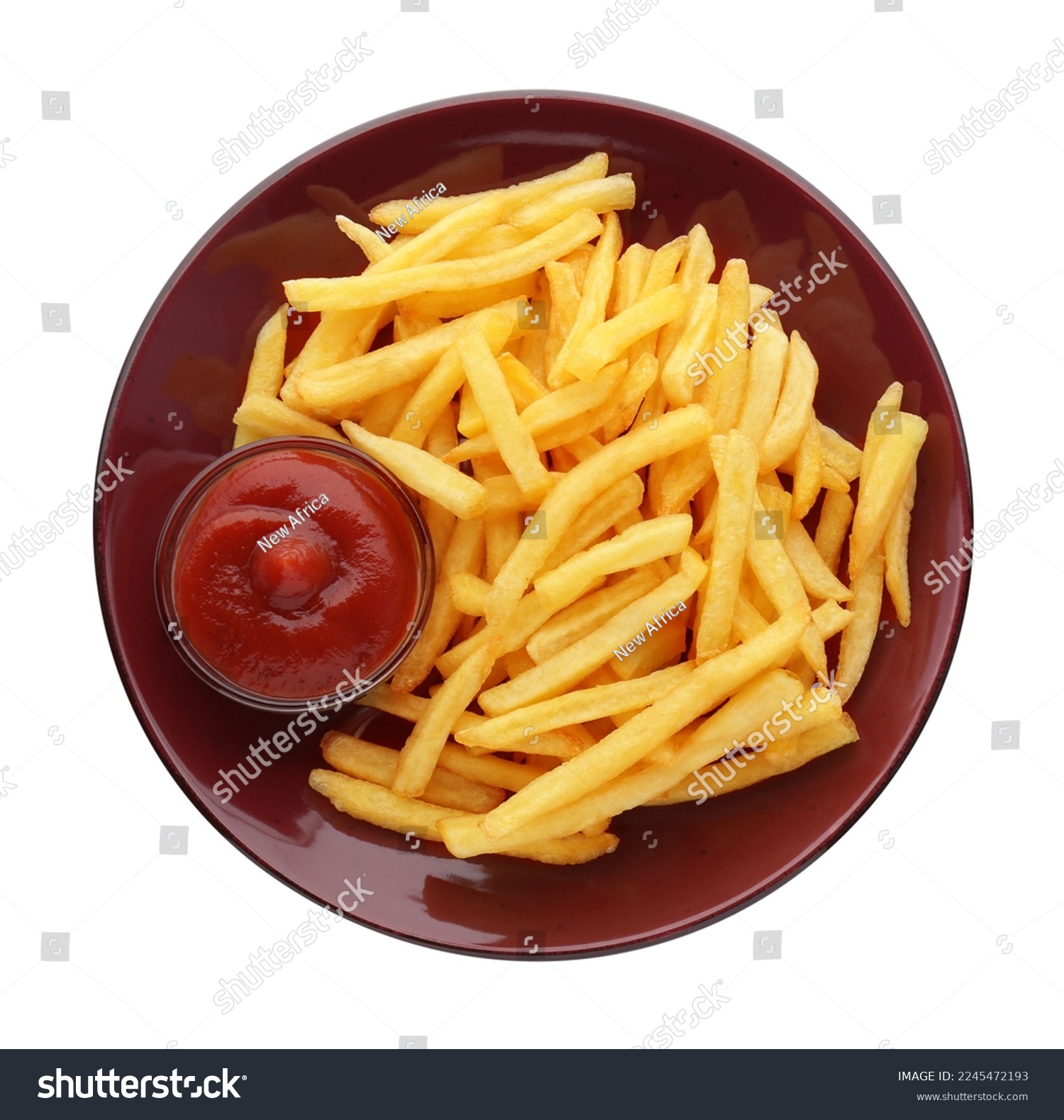 Tasty french fries with ketchup isolated on white, top view #2245472193