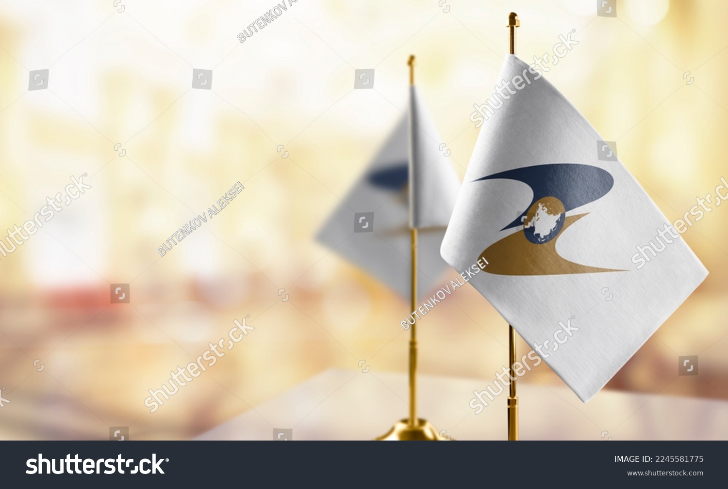 Small flags of the Eurasian Economic Union on an abstract blurry background. #2245581775