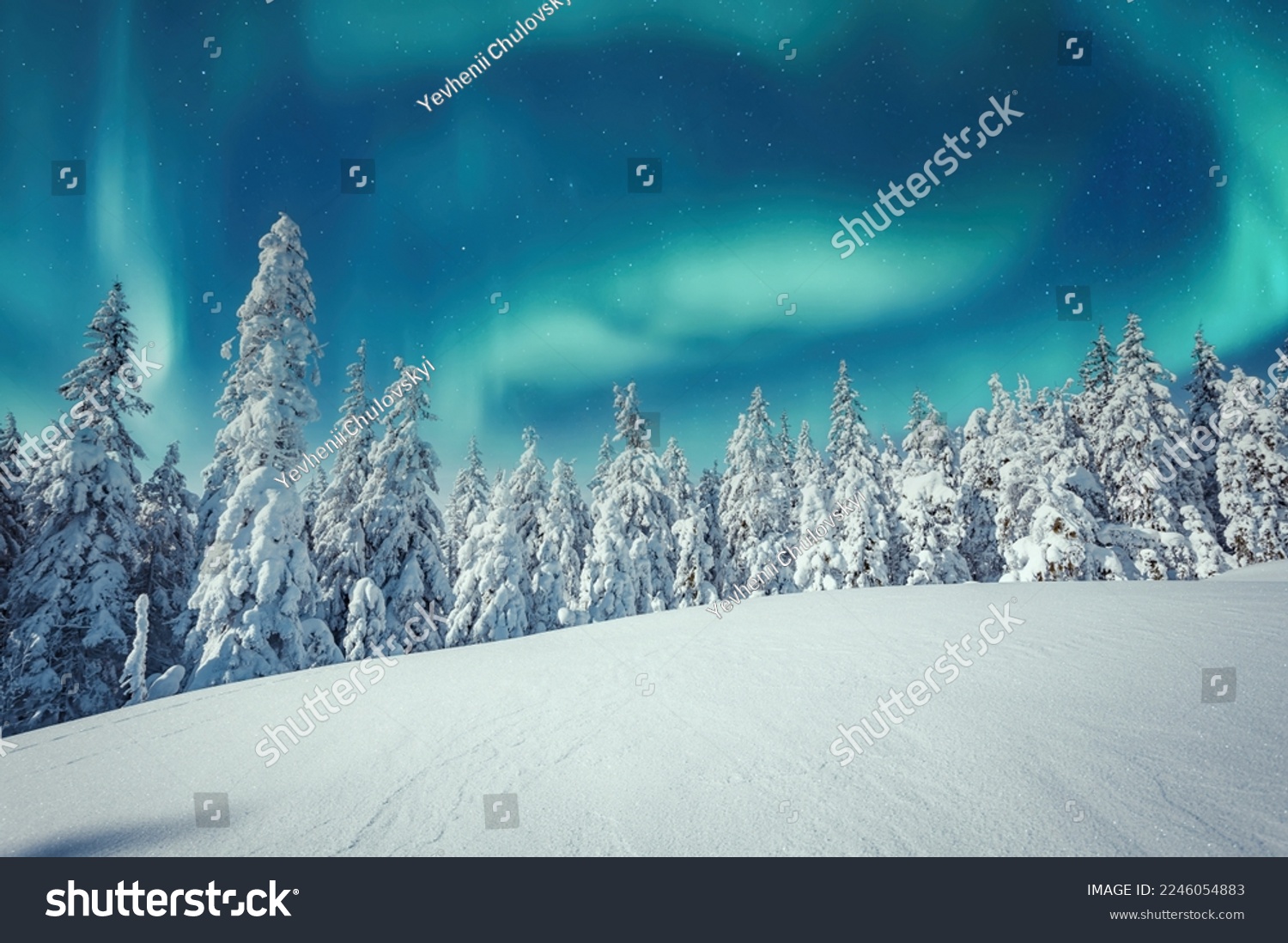 Aurora borealis over the frosty forest. Green northern lights above mountains. Night nature landscape with polar lights. Night winter landscape with aurora. Creative image. winter holiday concept. #2246054883