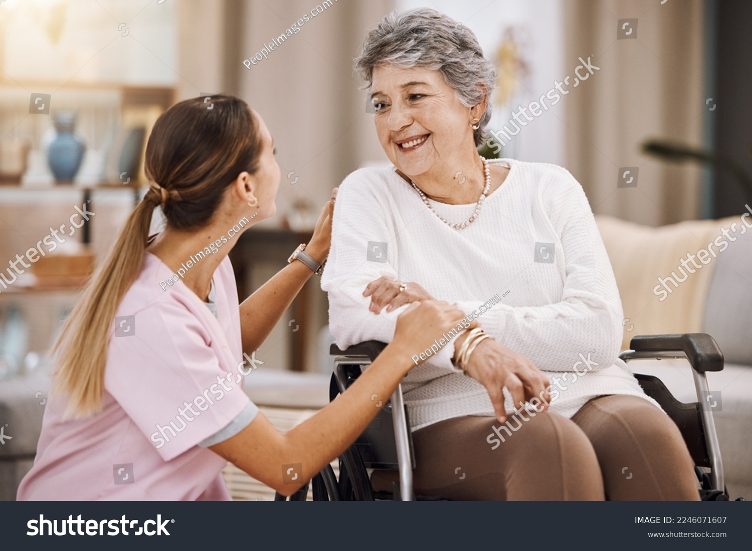 Wheelchair disability, rehabilitation and nurse volunteer at nursing home for charity work. Healthcare, support and caregiver with senior women for medical help, elderly care and consulting patient #2246071607