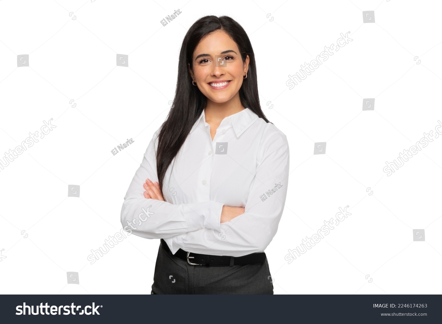 Cheerful brunette business woman student in white button up shirt, smiling confident and cheerful with arms folded, isolated on a white background #2246174263