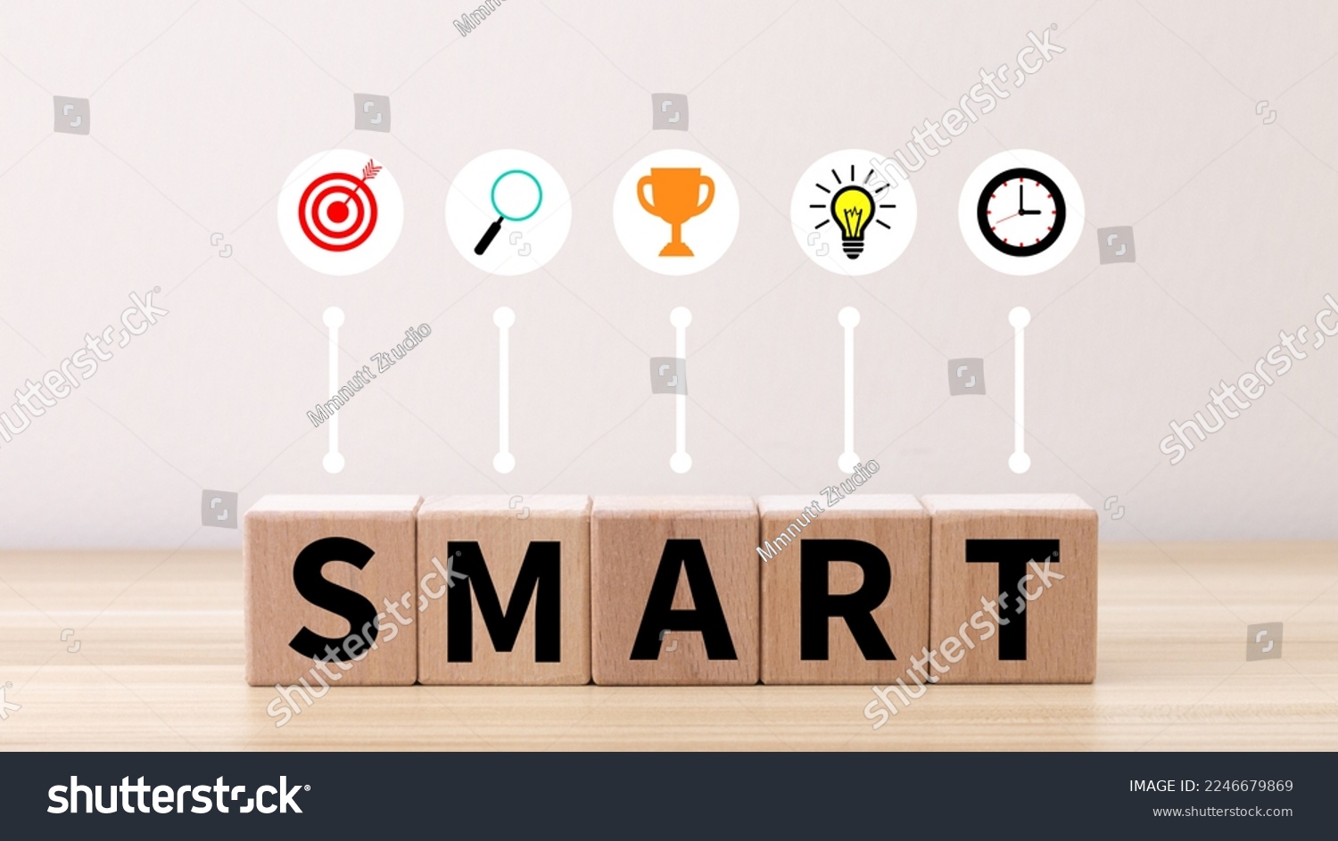 Business and SMART symbol. Wooden blocks with words 'SMART, specific measurable achievable realistic timely'. Yellow background, copy space. Business and SMART concept. #2246679869