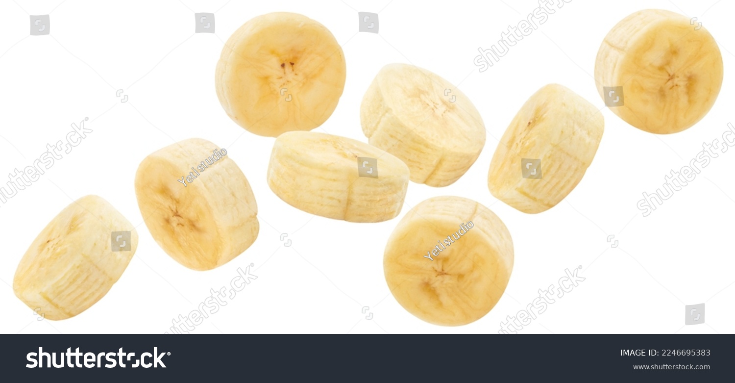 Flying delicious banana slices, isolated on white background #2246695383