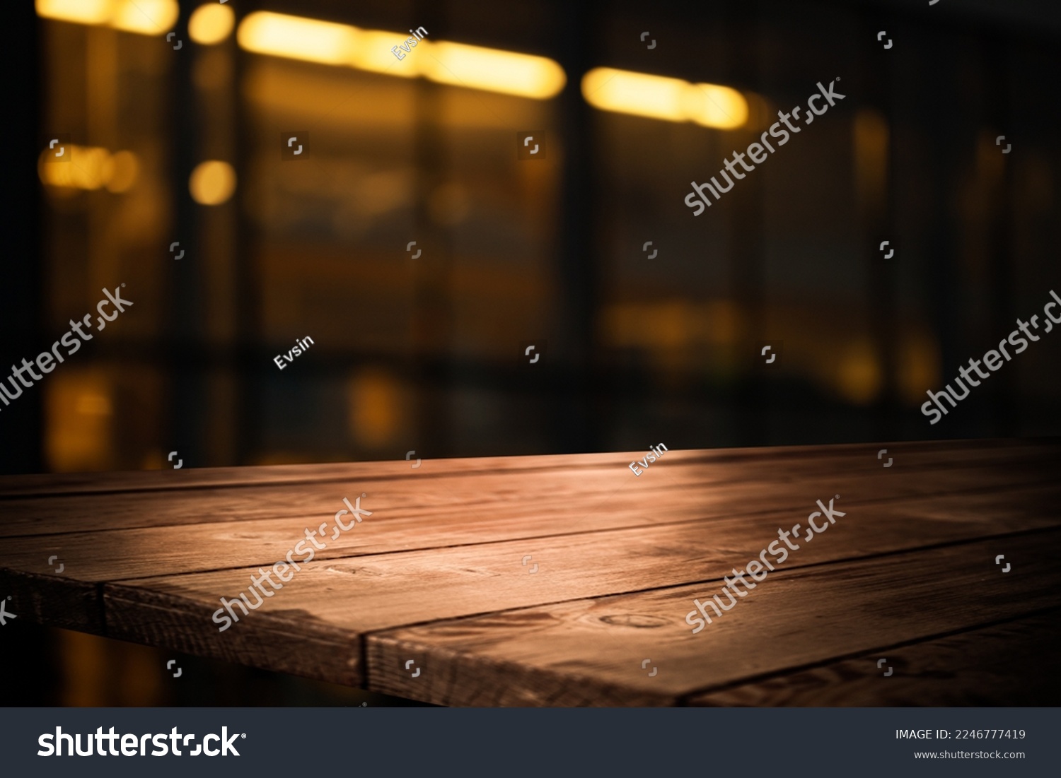 dark blurred background with empty table top, cafe restaurant windows. background for your product #2246777419