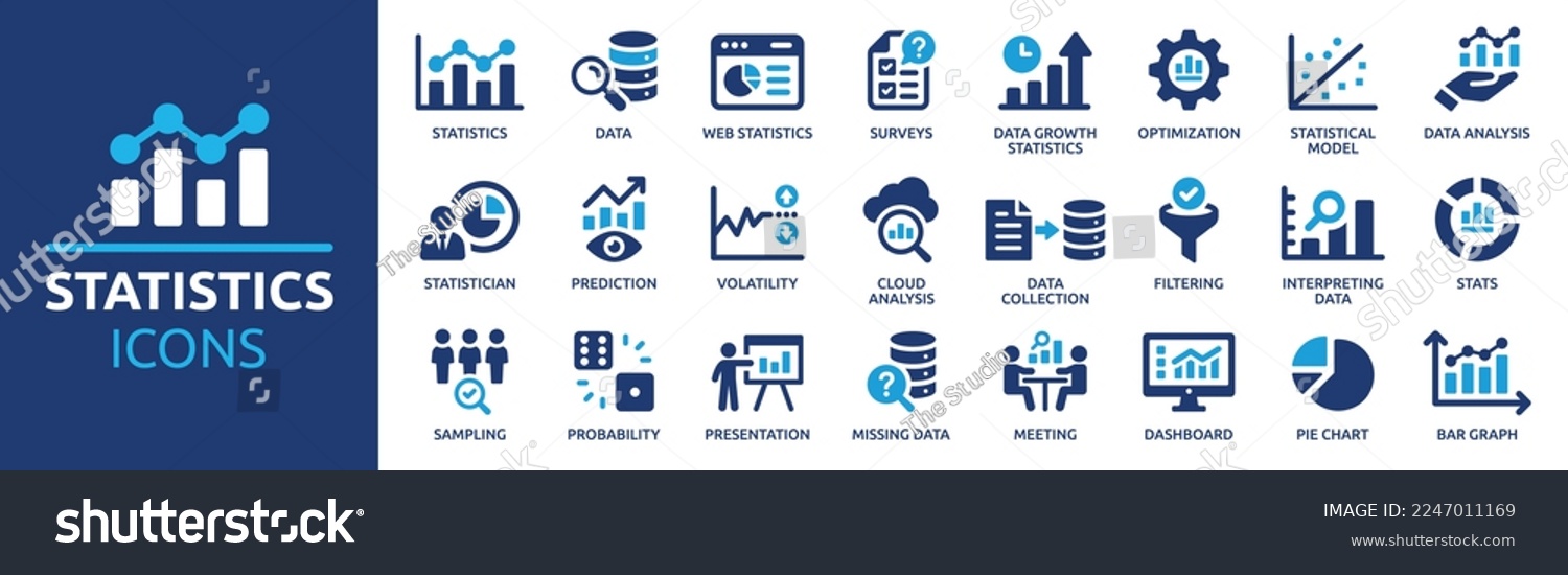 Statistics icon set. Containing data, web statistics, survey, prediction, presentation, cloud analysis and pie chart icons. Solid icon collection. #2247011169