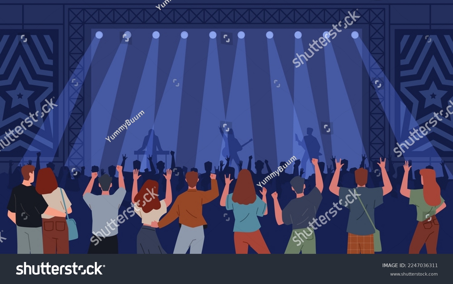 Audience at concert. People at rock concert, spectators back view, applauding crowd, music festival, musicians silhouettes on stage, nightclub party show nowaday vector cartoon flat set #2247036311