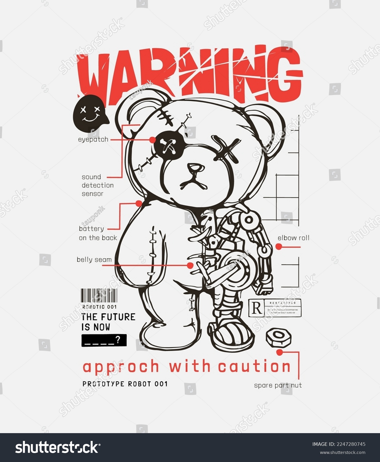 warning slogan with bear doll robot anatomy vector illustration #2247280745