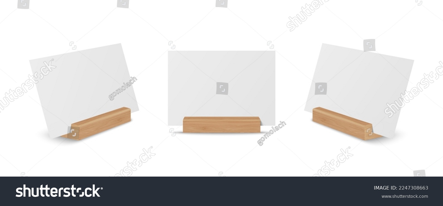 Vector 3d Realistic White Empty Blank Paper Sheet, Card on Wooden Holder, Stand Icon Set Closeup Isolated. Design Template for Mockup, Menu Frame, Booklets. Acrylic Tent Card. Front, Side View #2247308663