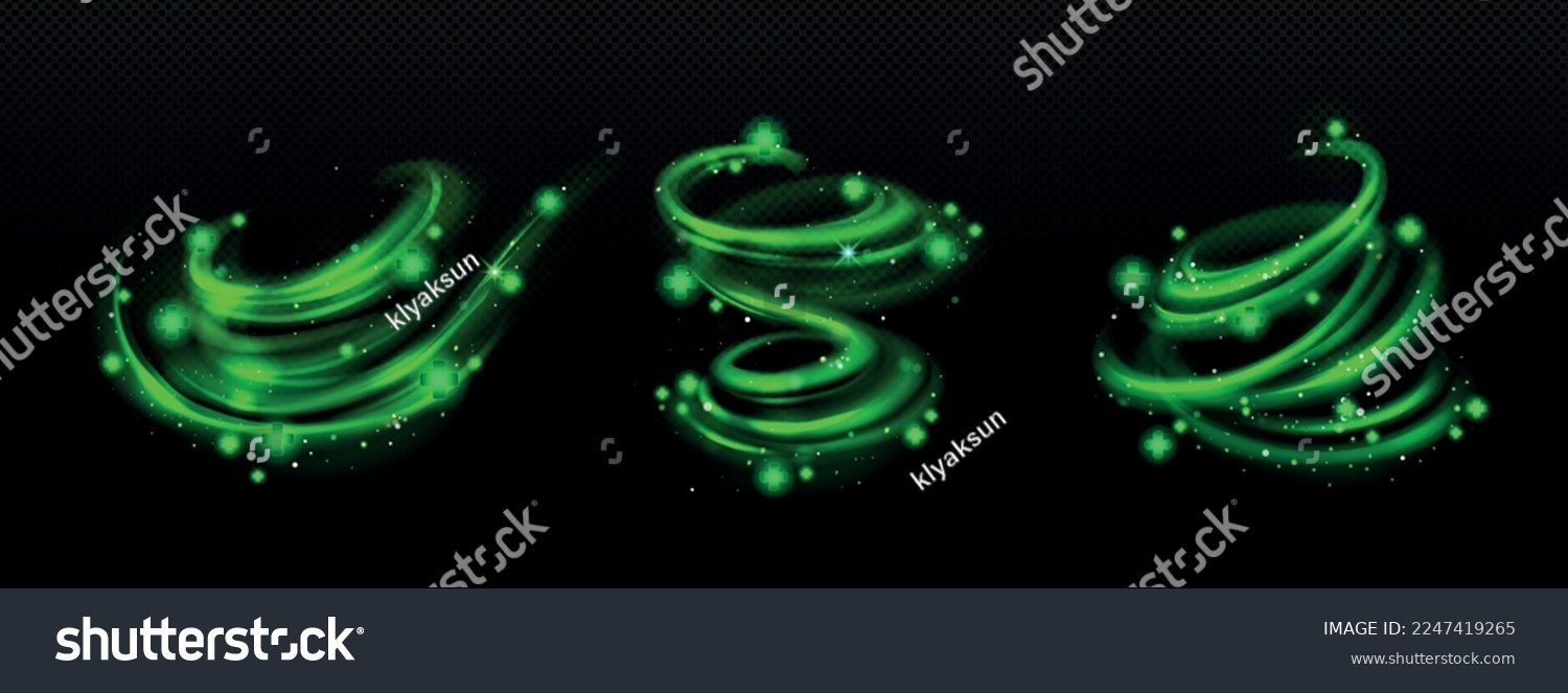 Heal self effect, green air, wind whirlwind flow with green medical cross. Glow vortex and swirls, healing power, fresh breath isolated on transparent background, Realistic 3d vector illustration #2247419265