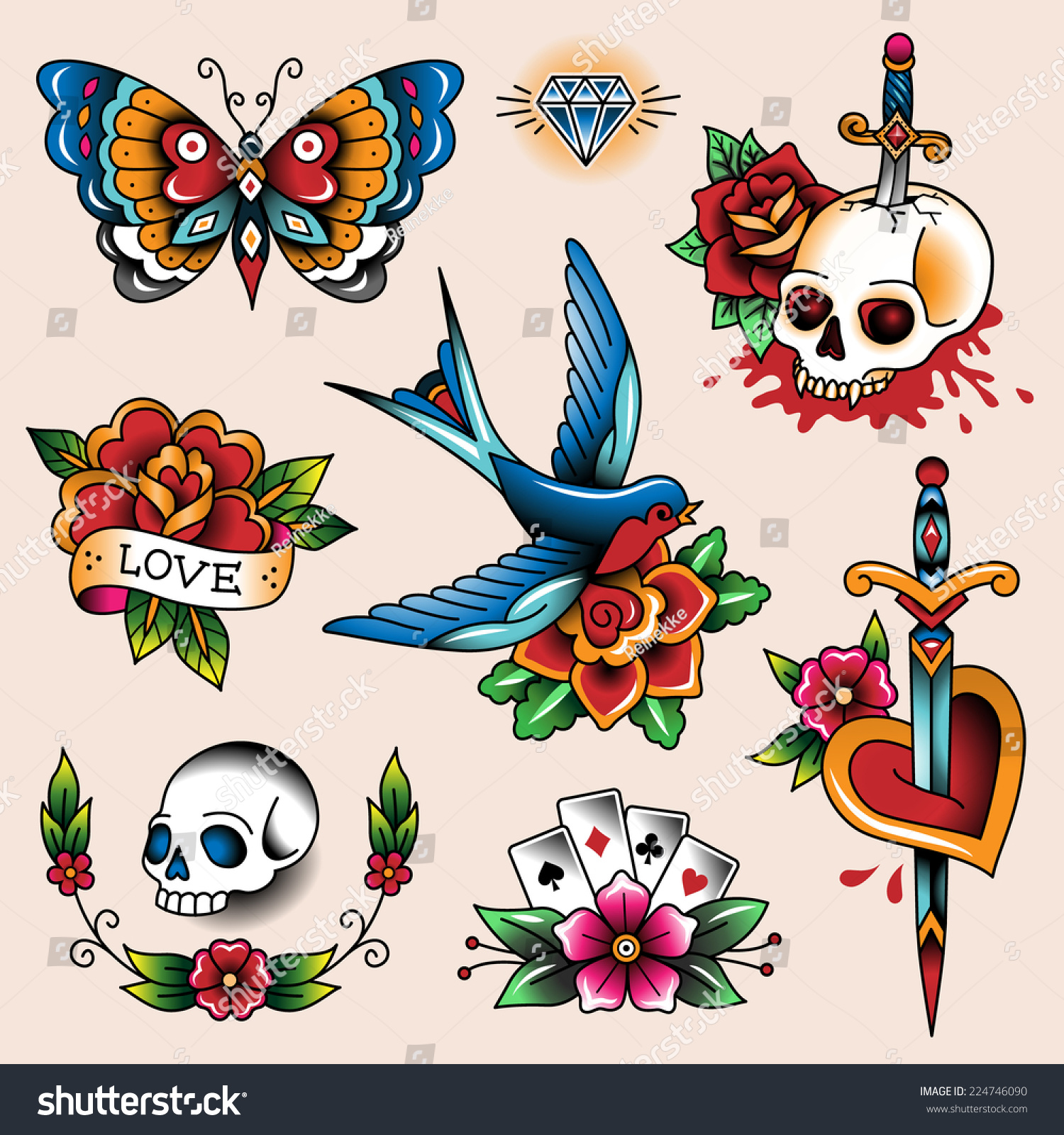 Set of color vintage tattoos for your design and decoration  #224746090