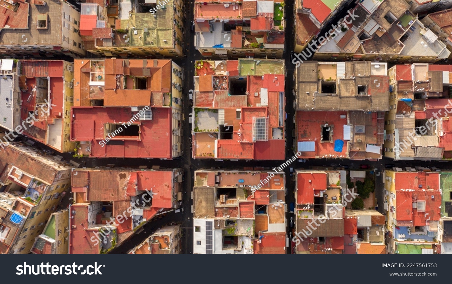 Aerial perpendicular view of the Quartieri Spagnoli (Spanish Neighborhoods), a part of the city of Naples in Italy. This district is located in the historic center of the city. #2247561753