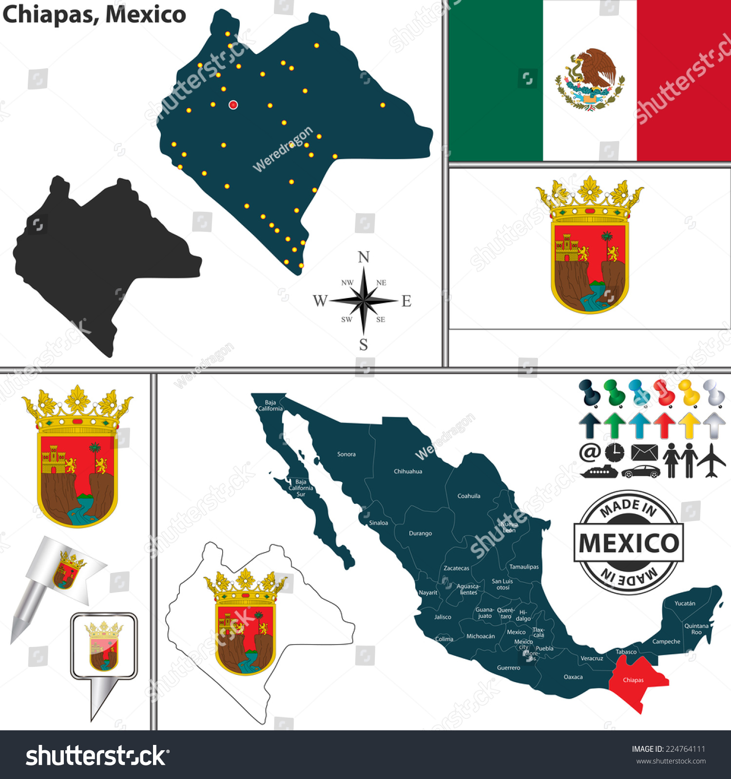 Vector Map Of State Chiapas With Coat Of Arms Royalty Free Stock Vector 224764111 0019