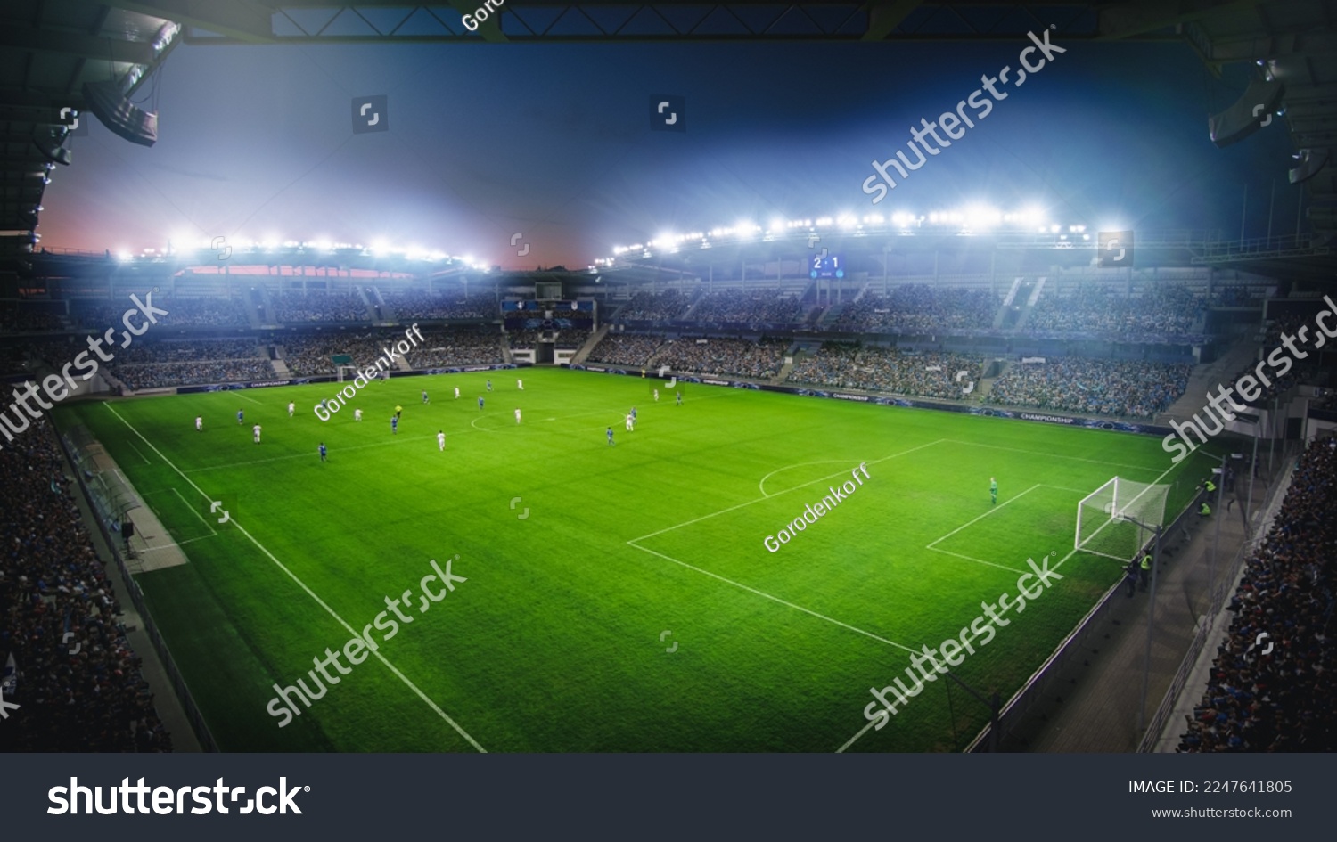 High Angle Establishing Shot: Stadium with Soccer Championship Match. Teams Play, Crowds of Fans Cheer. Football Cup Tournament. Sport Channel Television Concept, Screen Content. Wide Shot. #2247641805