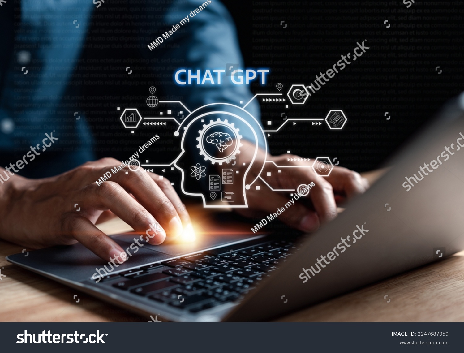 Chat GPT Chat with AI Artificial Intelligence. Businessman using  chatbot in computer smart intelligence Ai, artificial intelligence developed by OpenAI. Futuristic technology, robot in online system. #2247687059