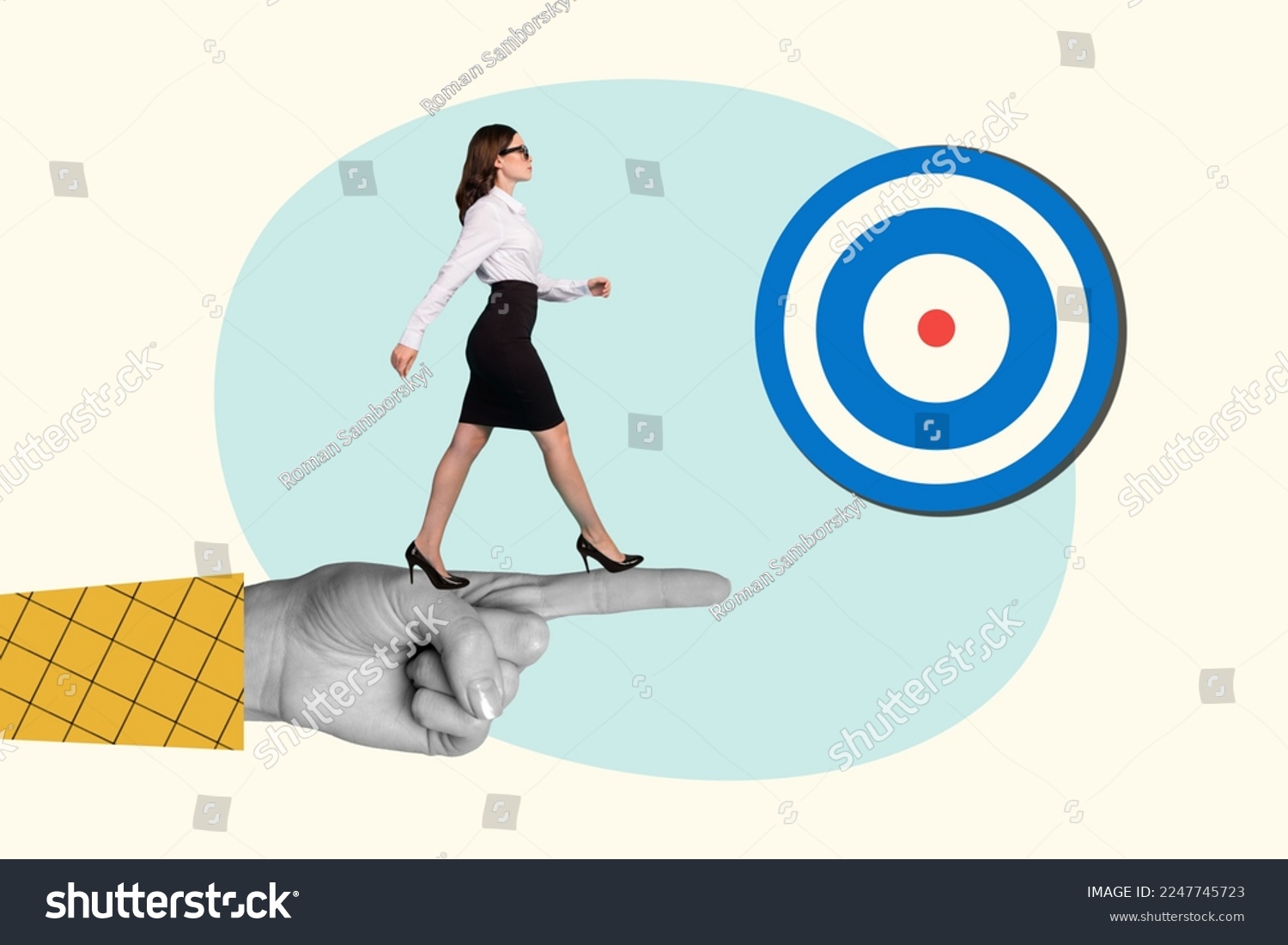 Photo collage of young employer woman walking steps finger direct correct way aim target goal reach success isolated on white background #2247745723