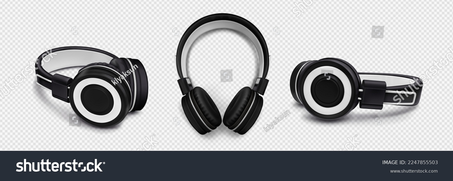 Headphones for listen music, stereo sound, audio. Dj headset, modern black and white wireless earphones in top, side and angle view, vector realistic set isolated on transparent background #2247855503
