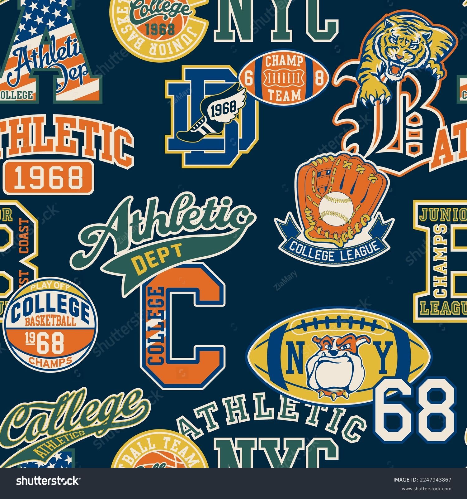 College athletic elements badges patchwork vintage vector seamless pattern for sport wear #2247943867