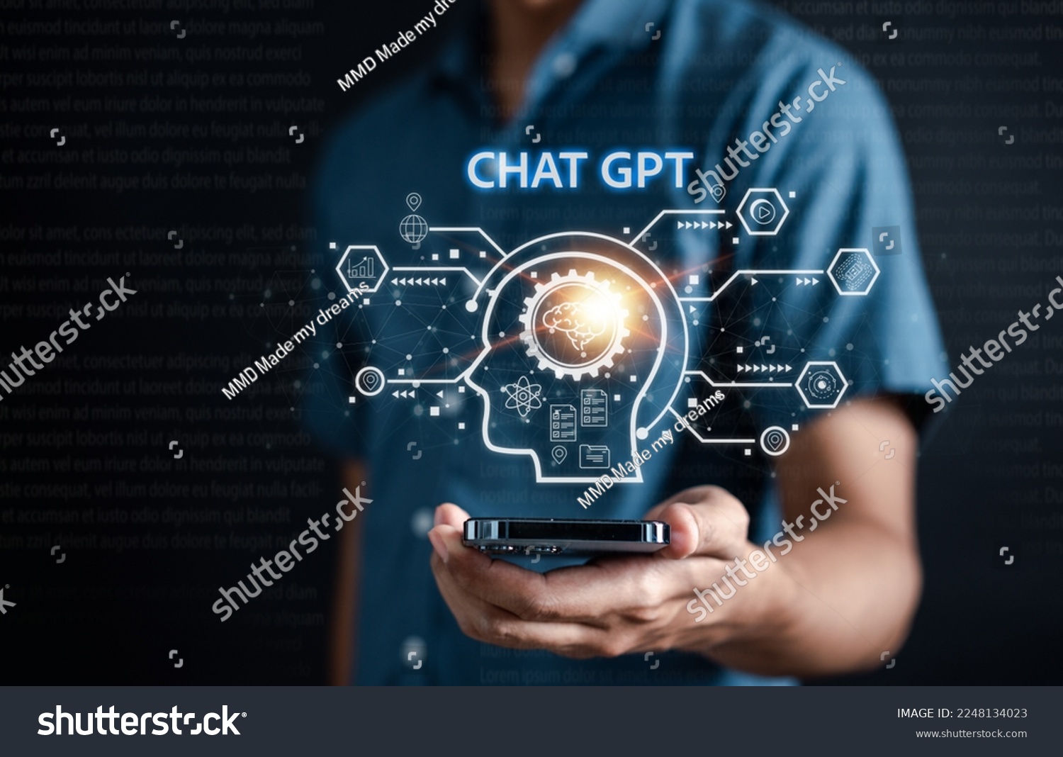 Businessman using chatbot in smartphone intelligence Ai.Chat GPT Chat with AI Artificial Intelligence, developed by OpenAI generate. Futuristic technology, robot in online system. #2248134023