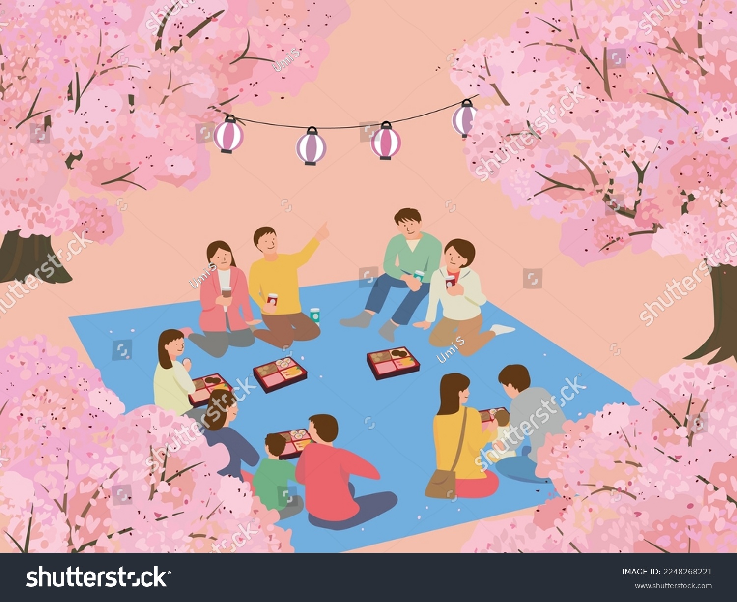 Hanami. Cherry blossom. People enjoy under - Royalty Free Stock Vector ...