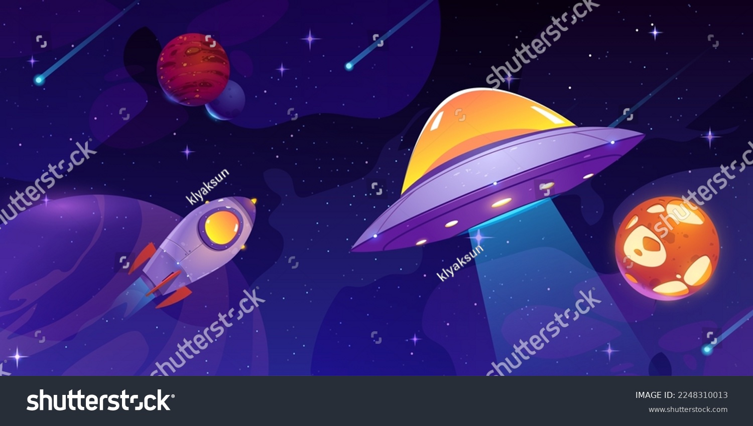 Cartoon rocket and alien UFO flying in outer - Royalty Free Stock ...