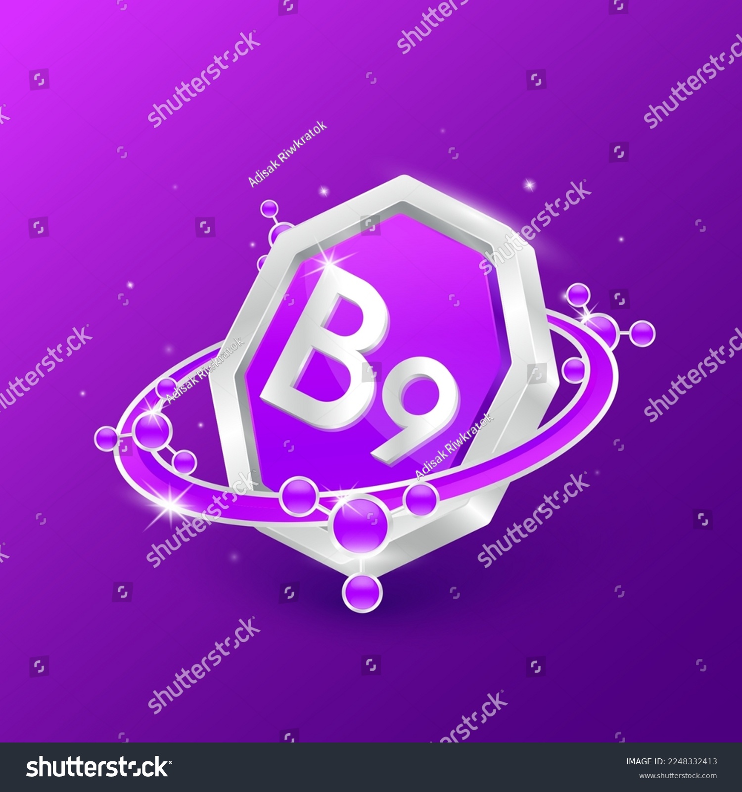 Logo label nutrition 3D silver. Vitamin B9 in octagon purple shape and atom orbit around. Used for products food design. Protect your body keep healthy. Medical concepts. Isolated Vector EPS10. #2248332413