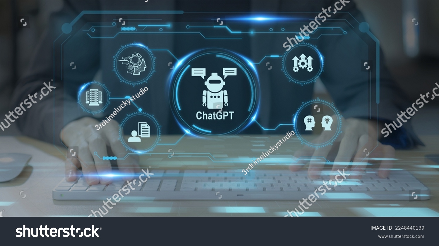 ChatGPT, using and chatting artificial intelligence chatbot developed by OpenAI. Digital chatbot, chatGPT, robot application, conversation assistant concept. Optimizing language models for dialogue. #2248440139