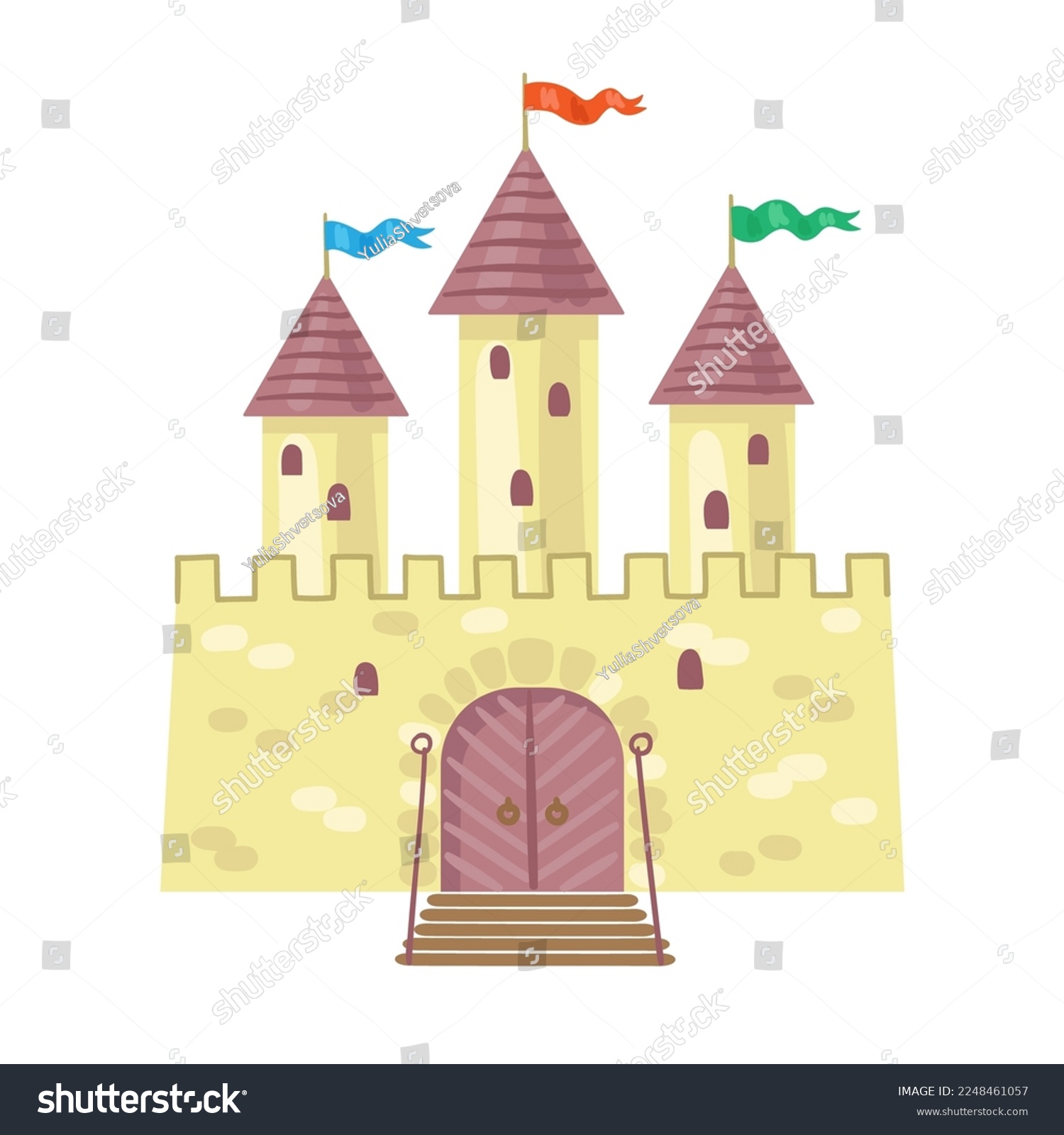 Medieval toy fortress. Ancient castle. In cartoon style. Isolated on white background. Vector flat illustration #2248461057