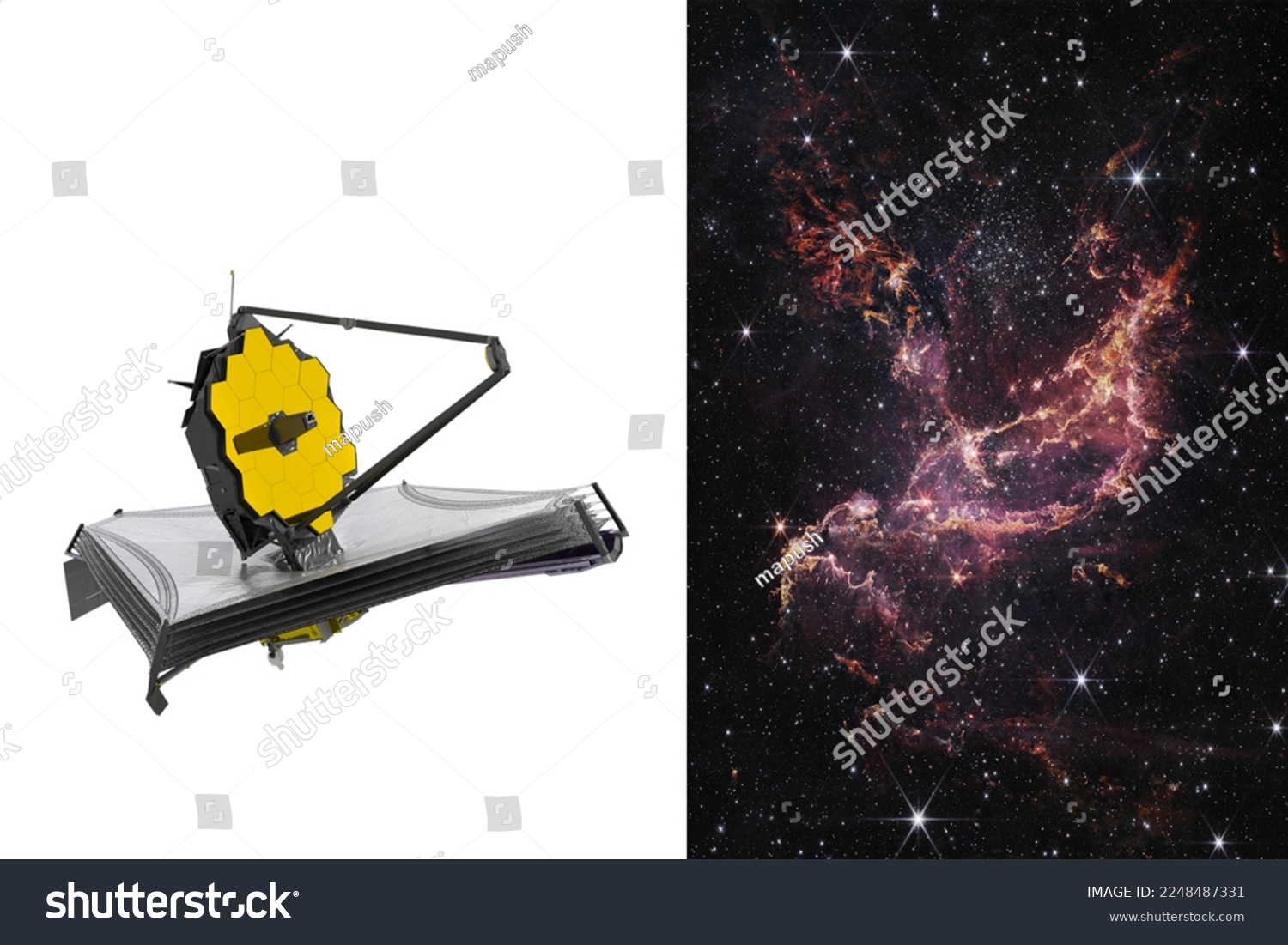 James Webb Space Telescope looking at Star Formation in Cluster’s Dusty Ribbons. Astronomy science. This image elements furnished by NASA. #2248487331