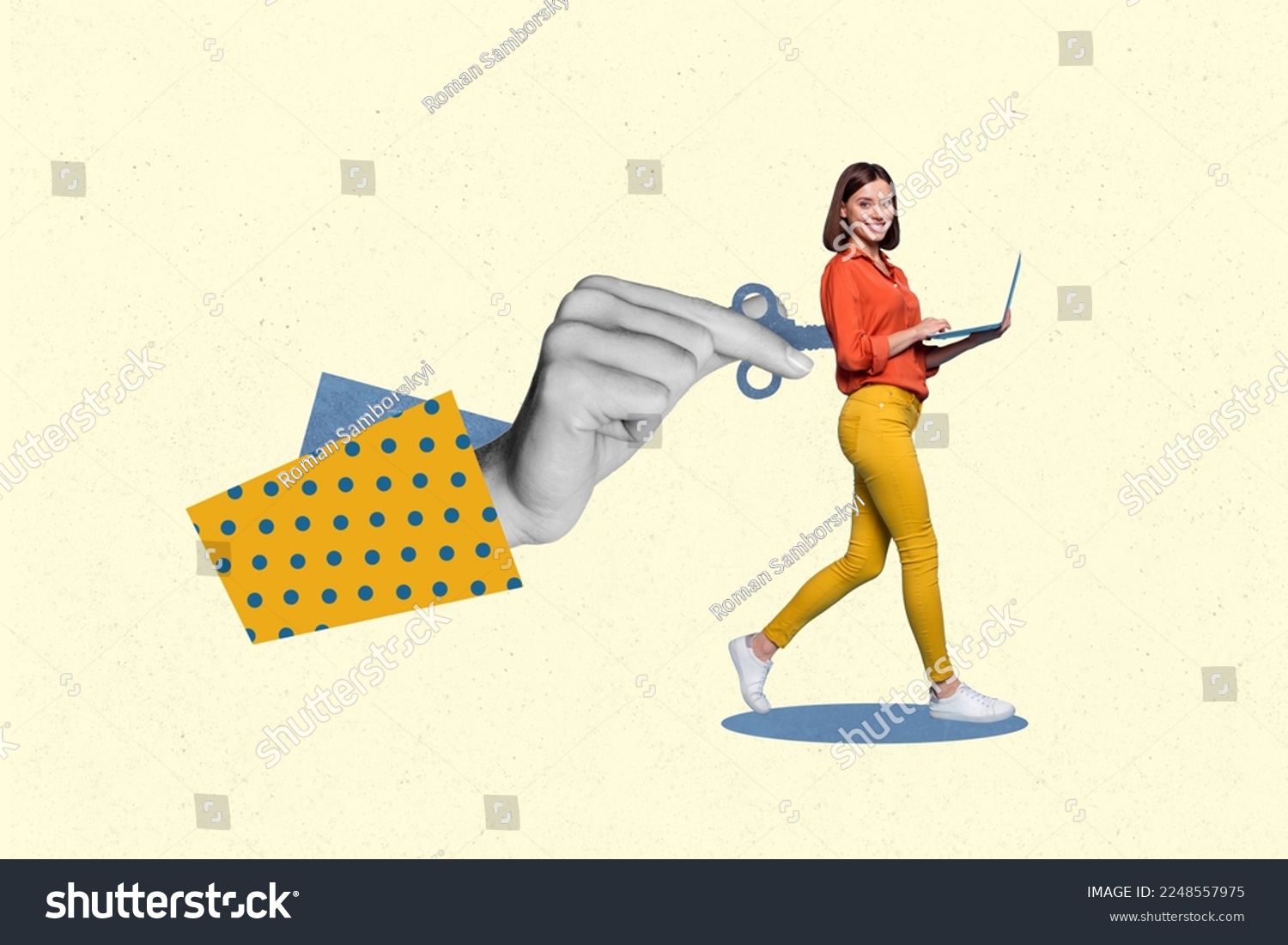Collage photo of young postiive smiling manager lady manipulation boss key doll hold laptop it developer overworking isolated on white background #2248557975