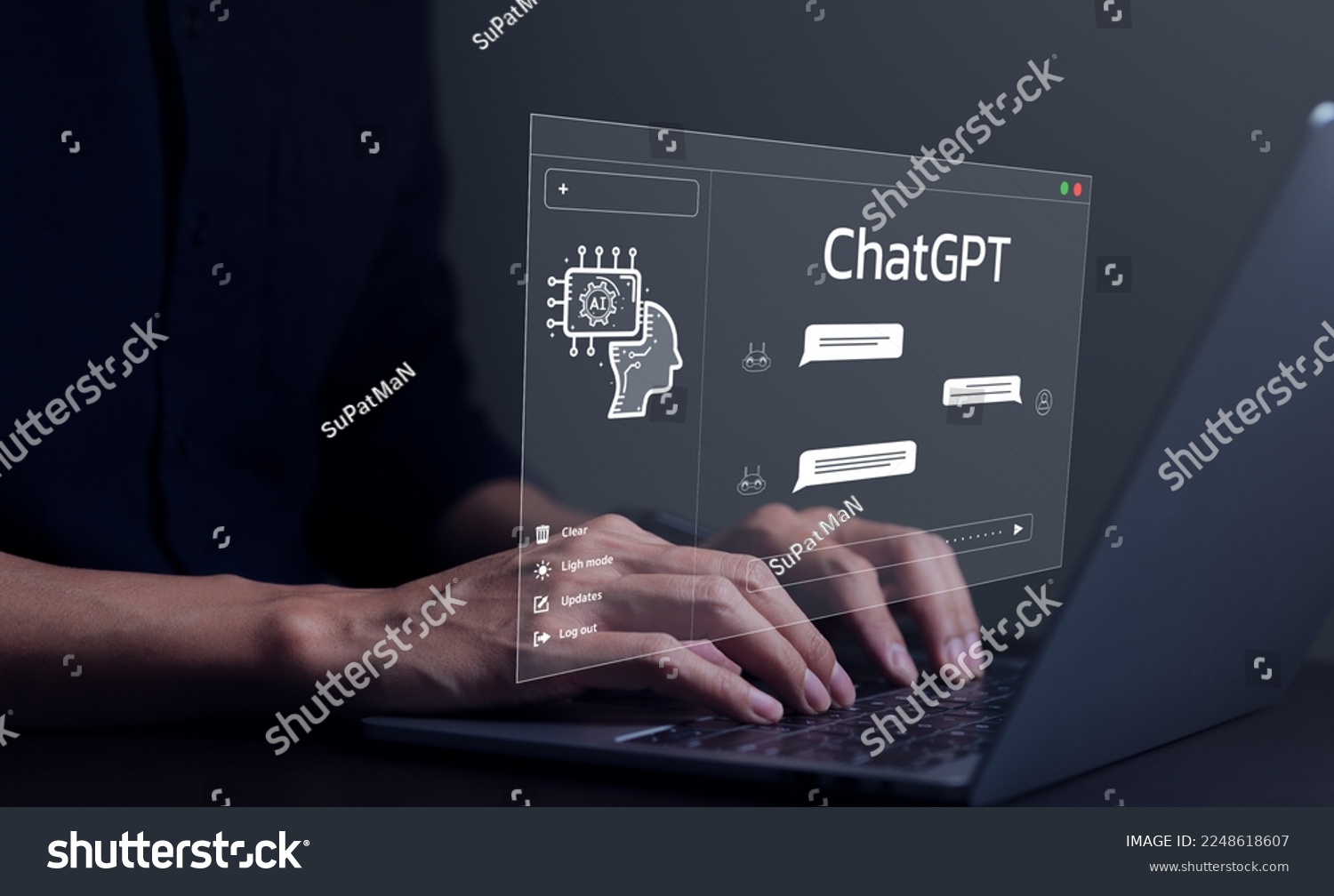 ChatGPT Chat with AI or Artificial Intelligence technology. Businessman using a laptop computer chatting with an intelligent artificial intelligence asks for the answers he wants. #2248618607
