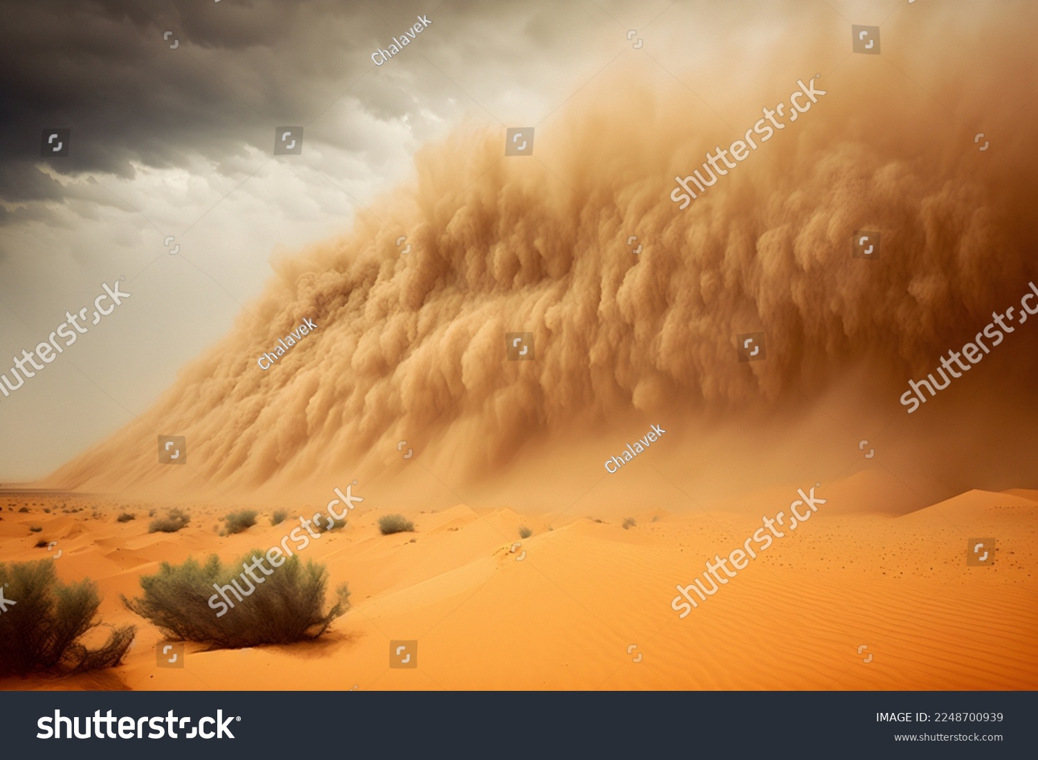 Heavy sand and dust storm above desert land on hot summer day. Danger and power of wild nature. Huge cloud carried by wind 3d artwork #2248700939
