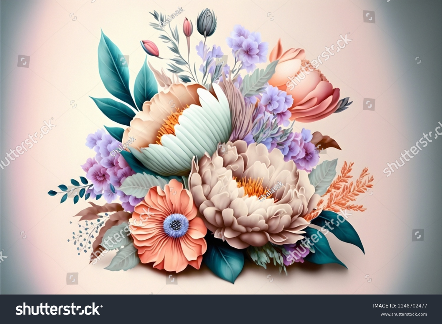 Flowers in the style of watercolor art. Luxurious floral elements, botanical background or wallpaper design, prints and invitations, postcards. Beautiful delicate flowers 3D illustration #2248702477