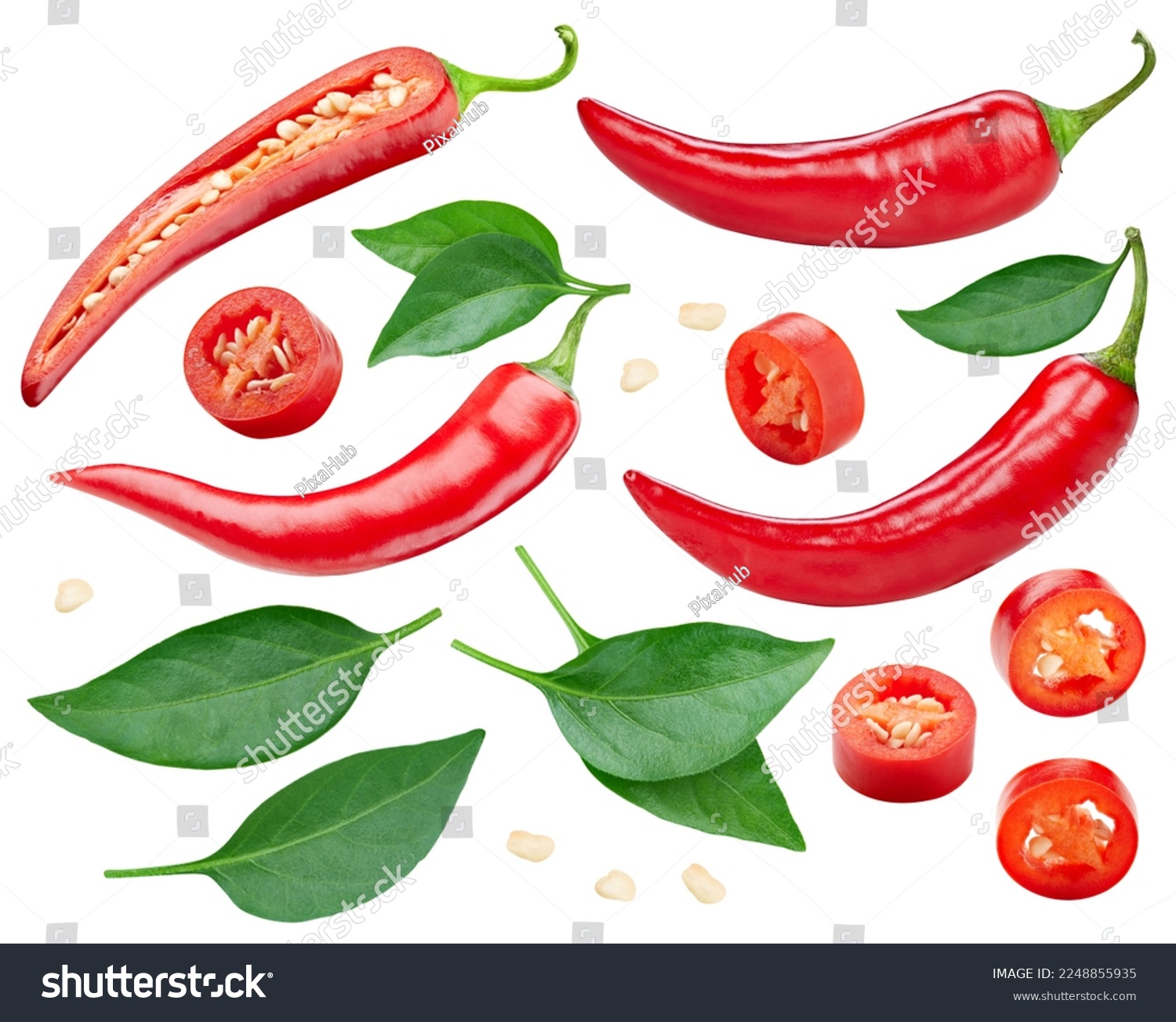 Collection chili pepper with leaves. Red hot chili pepper isolated on white background. Hot pepper fruit clipping path. Chili macro studio photo #2248855935