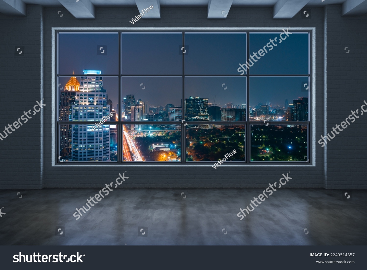 Empty room Interior Skyscrapers View Bangkok. Downtown City Skyline Buildings from High Rise Window. Beautiful Expensive Real Estate overlooking. Night time. 3d rendering. #2249514357