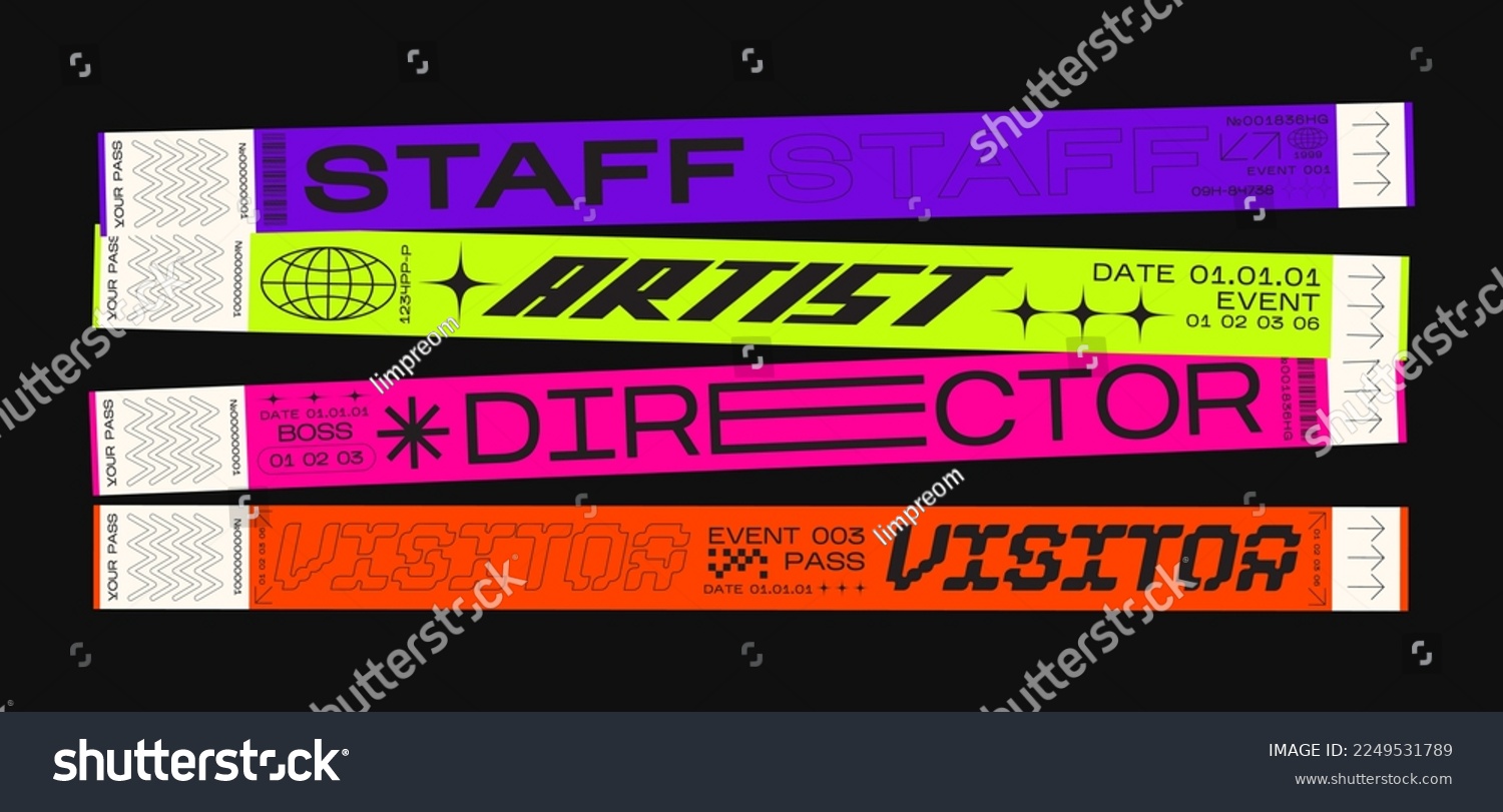 Paper bracelets for concert, vip zone or festival. Festival ticket vector mockup in retro futuristic style. sticky wristbands pass, access control vector design #2249531789