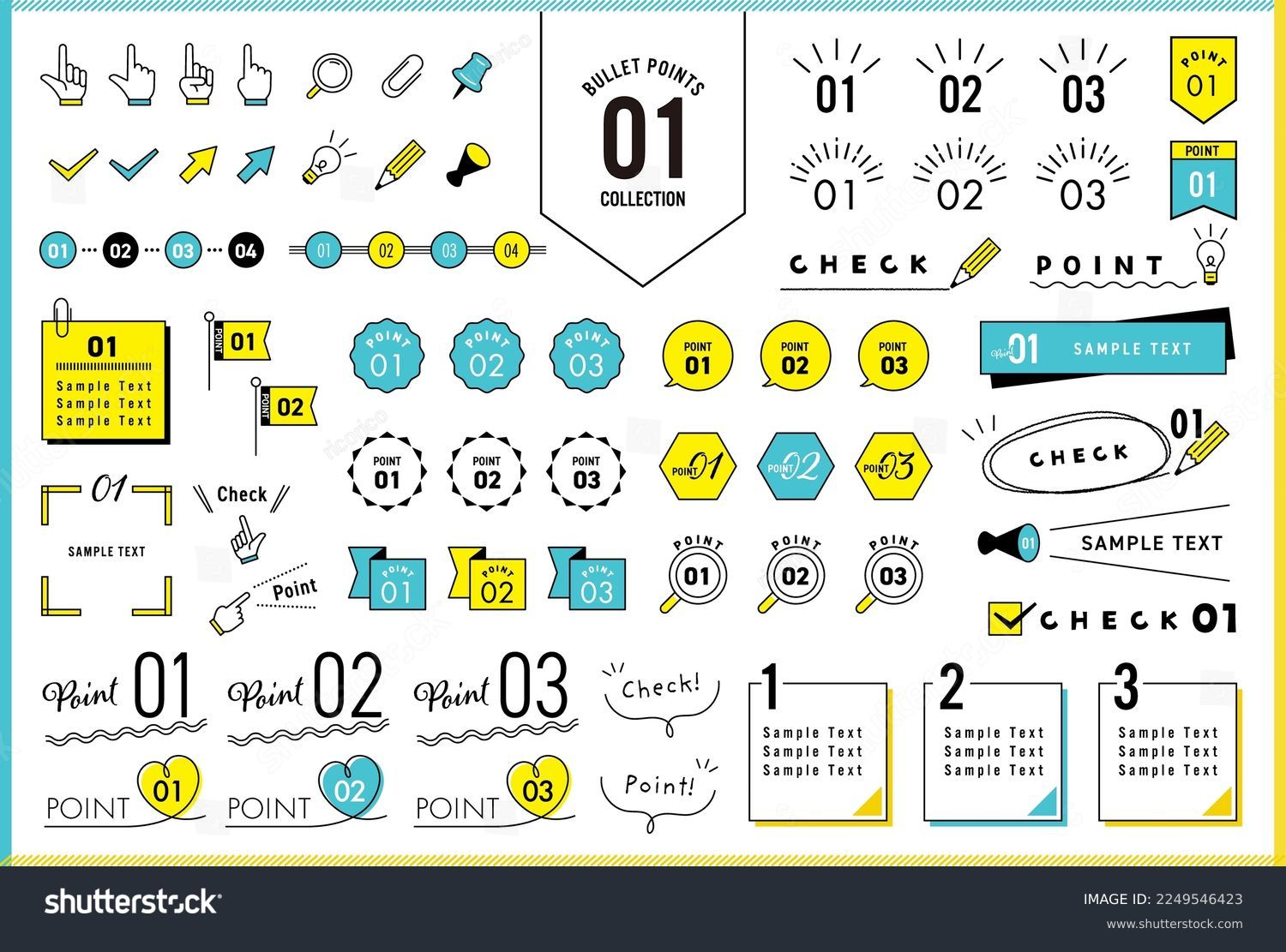 Number bullet point set. This illustration includes arrows, ornaments, frames, ribbons and lots of simple design elements. Colorful version #2249546423
