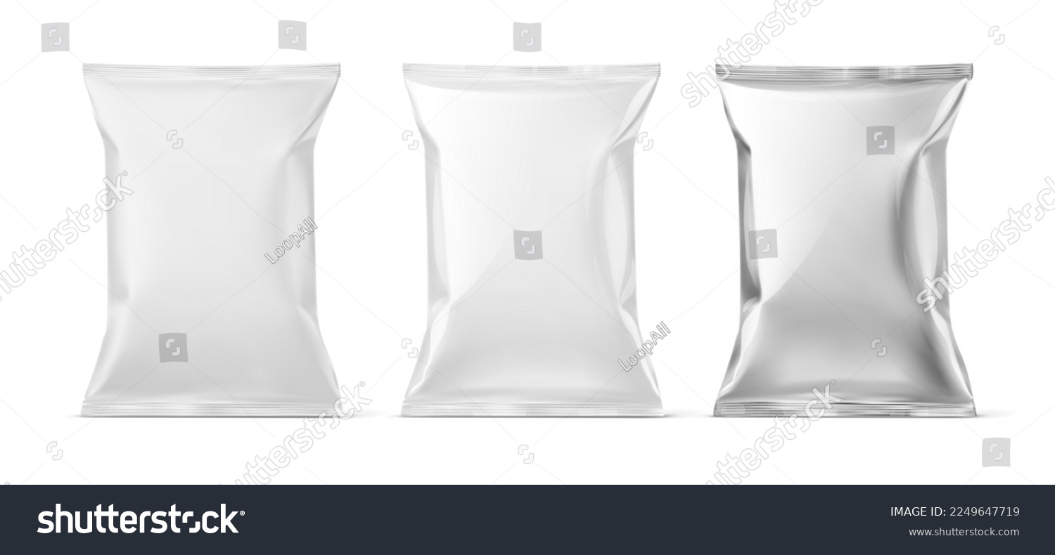 Mockups for flow-packs collection. Potato Chips packaging. Matte, glossy and metallic flow pack packing mock-ups snacks, appetizers. Isolated on white. Vector illustration #2249647719
