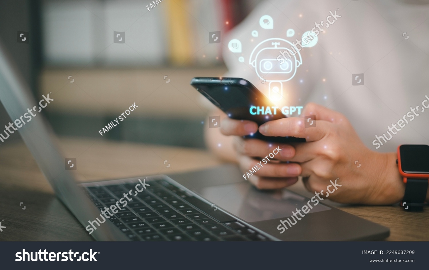 Digital chatbot, chat GPT, robot application, conversation assistant, AI Artificial Intelligence concept. Man using mobile smart phone, with digital chatbot on virtual screen #2249687209