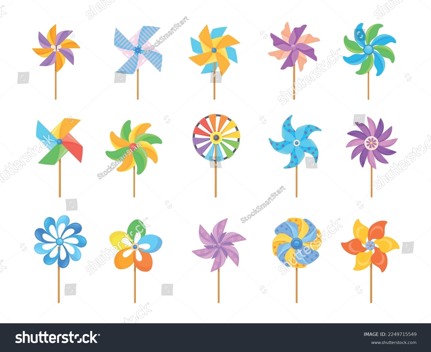 Windmill toy. Paper pinwheel toys, cartoon wind vane summer breeze weather, colored child origami mill pin wheel with flower for baby fan weathercock, neat vector illustration of wheel windmill rotate #2249715549