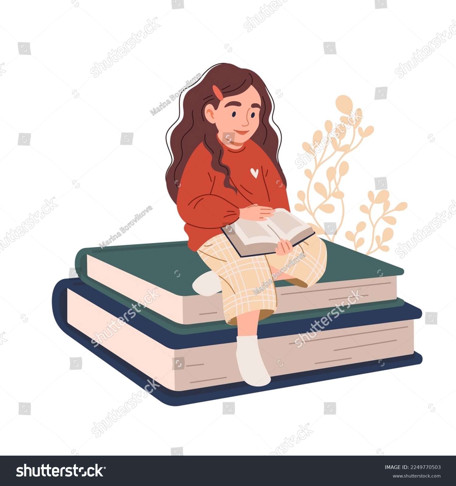 Girl reading, sitting on stacks of books #2249770503