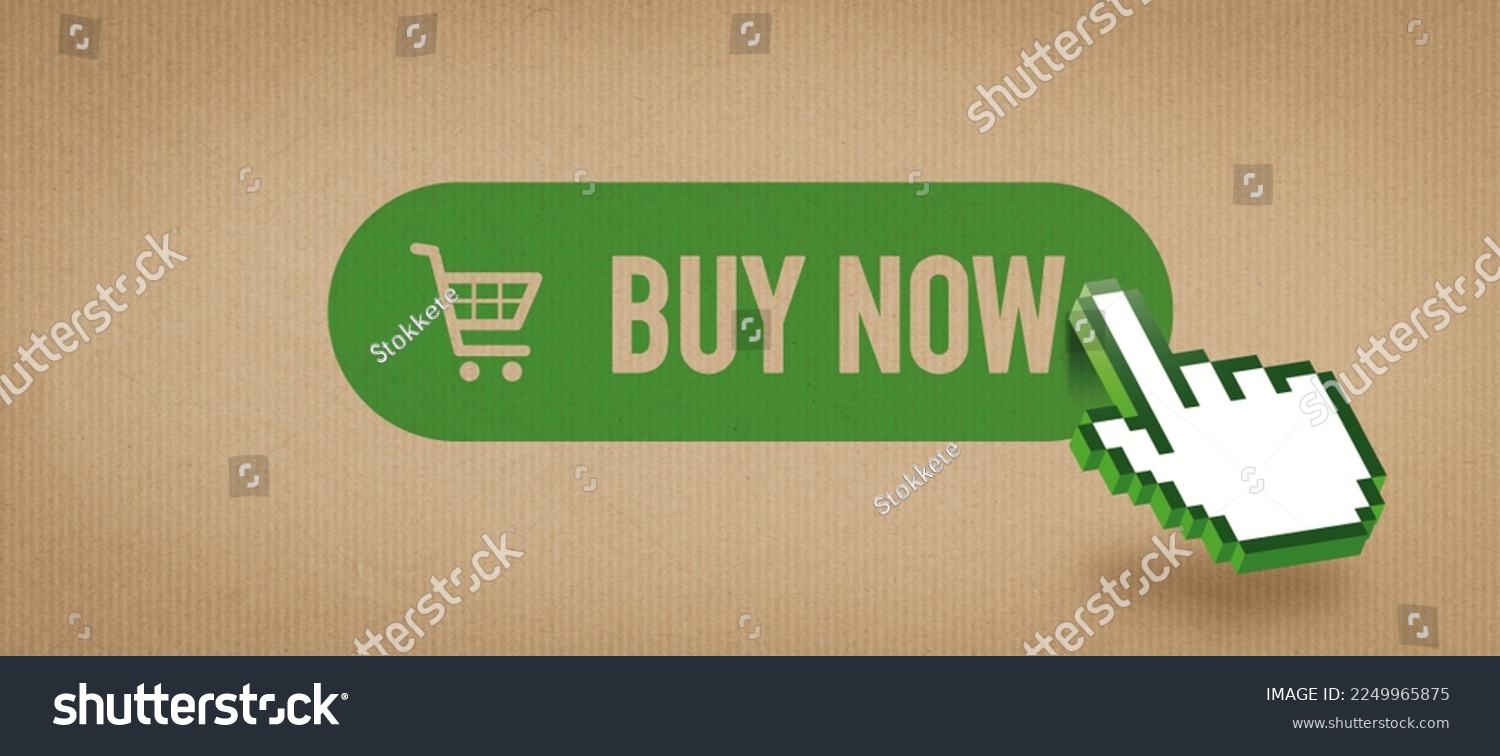 Online grocery and delivery service: pointer clicking on a buy now button and recycled paper background #2249965875