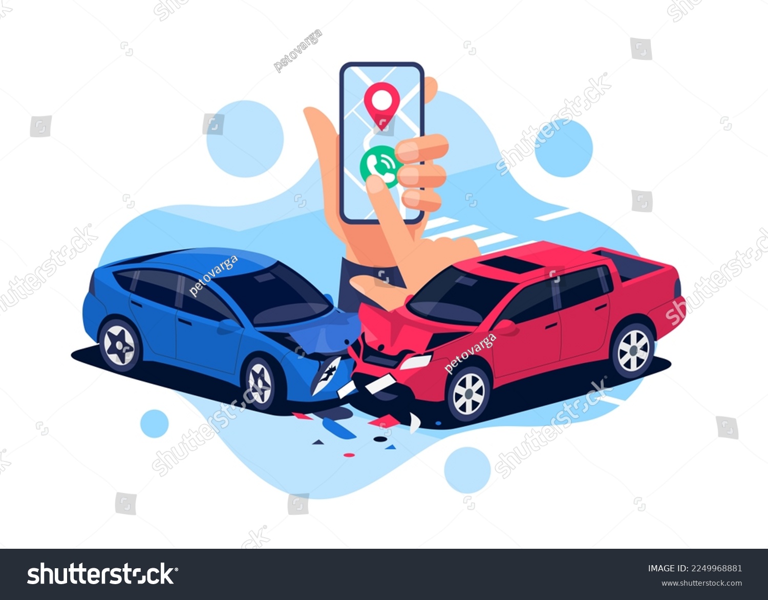Car crash with urgent phone call. Smartphone in hand calling police help, insurance company. Two damaged vehicles in traffic accident collision on road, crossroad, street. Head-on hit. Isolated vector #2249968881